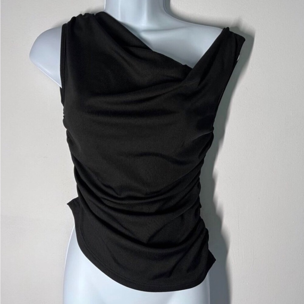 Cider Black One Shoulder Ruched Ribbed Sleeveless Top S